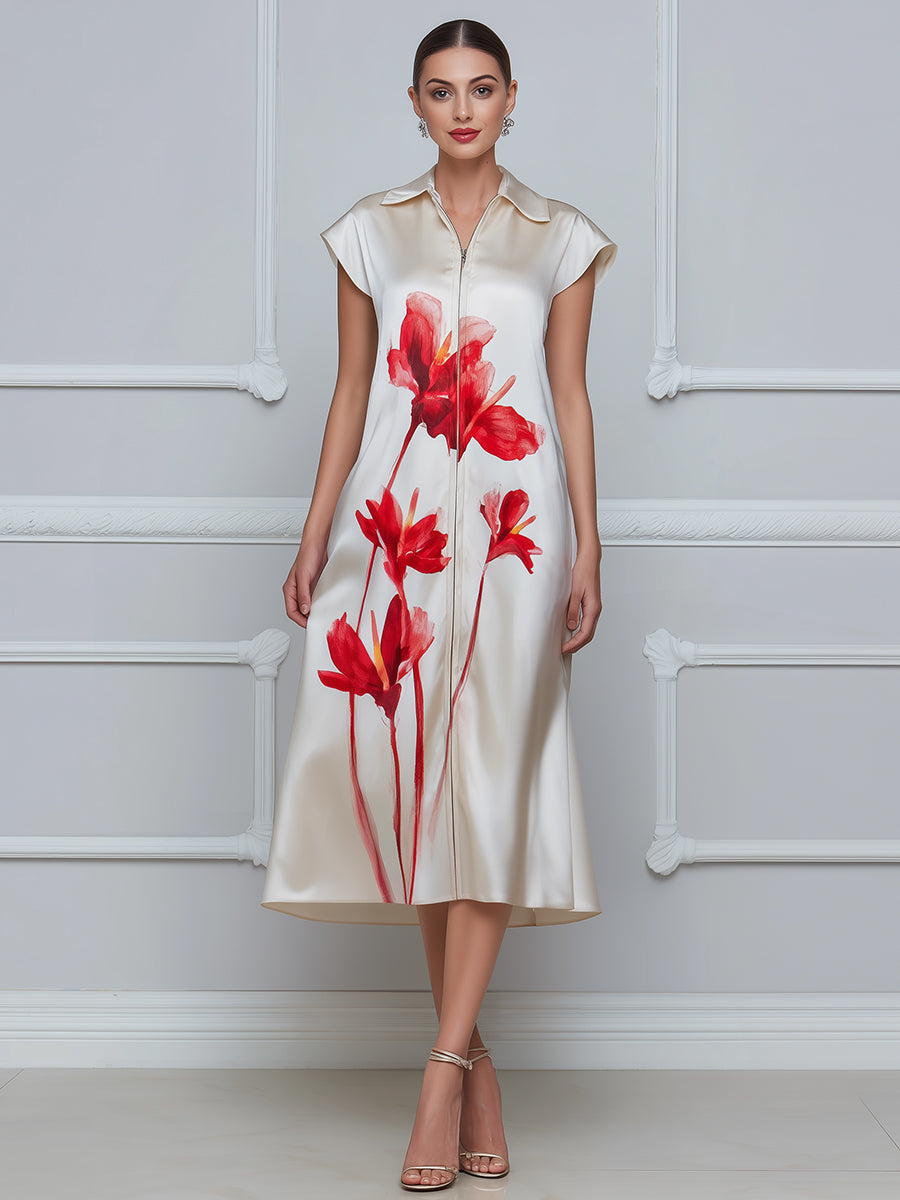 Floral Print Satin Zip-Front Midi Dress