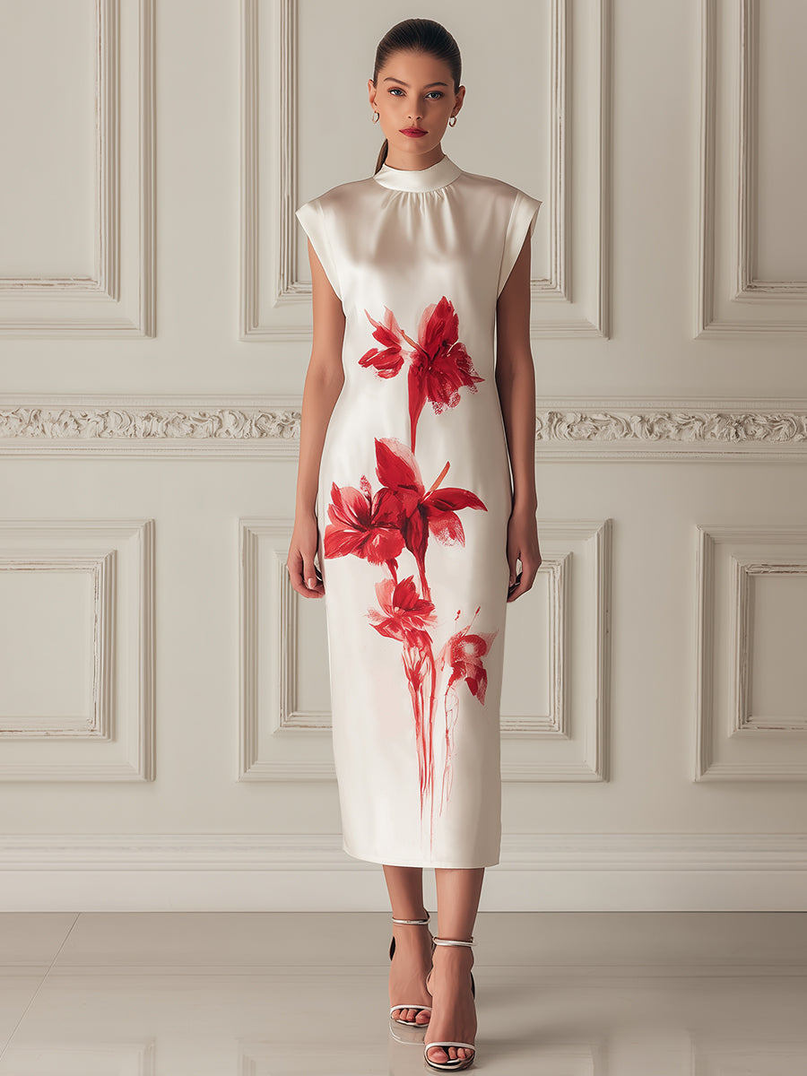 Floral Mock-Neck Satin Column Dress