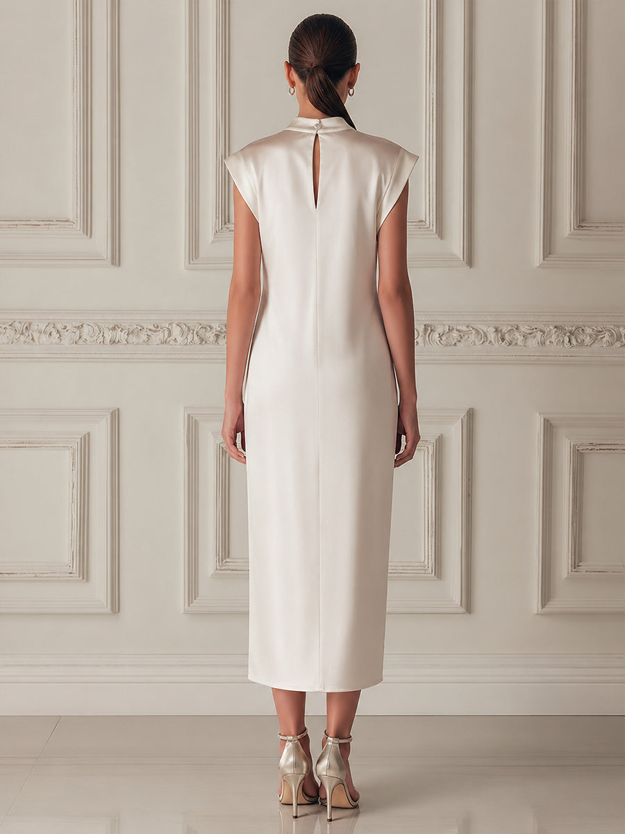 Floral Mock-Neck Satin Column Dress