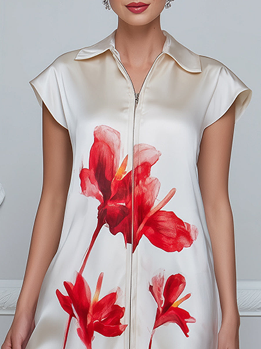 Floral Print Satin Zip-Front Midi Dress