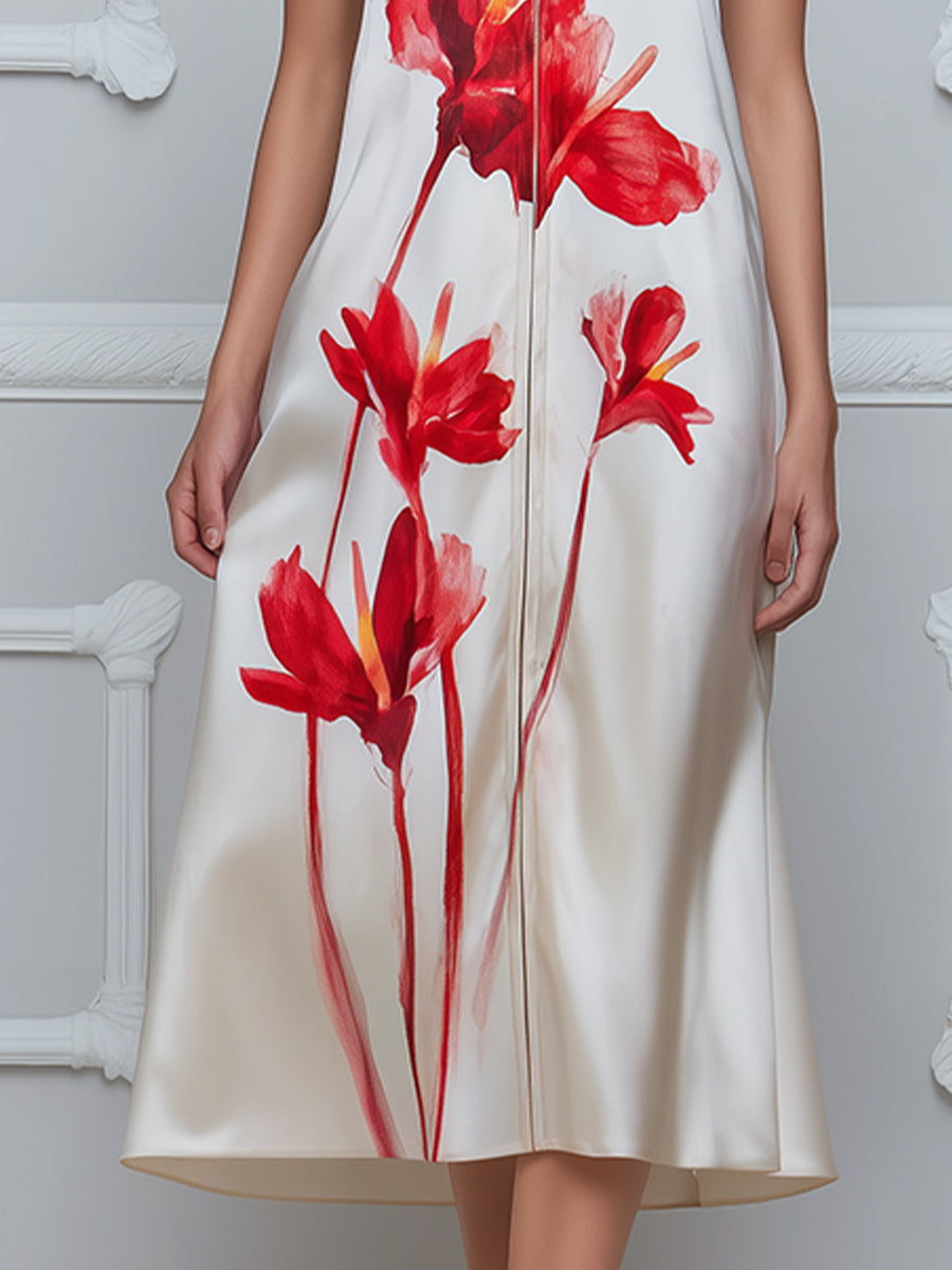 Floral Print Satin Zip-Front Midi Dress