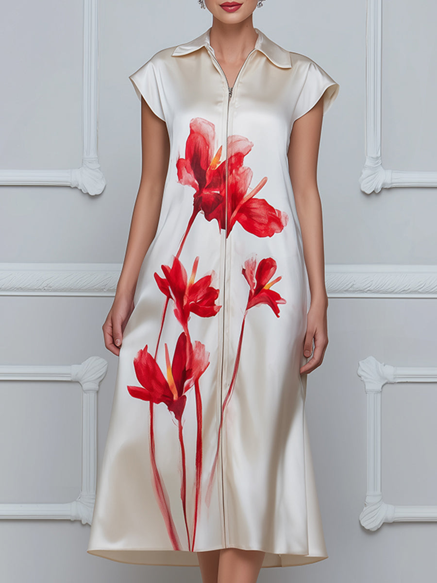 Floral Print Satin Zip-Front Midi Dress