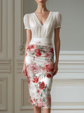 Pleated V-Neck Puff Sleeve Floral Sheath Midi Dress