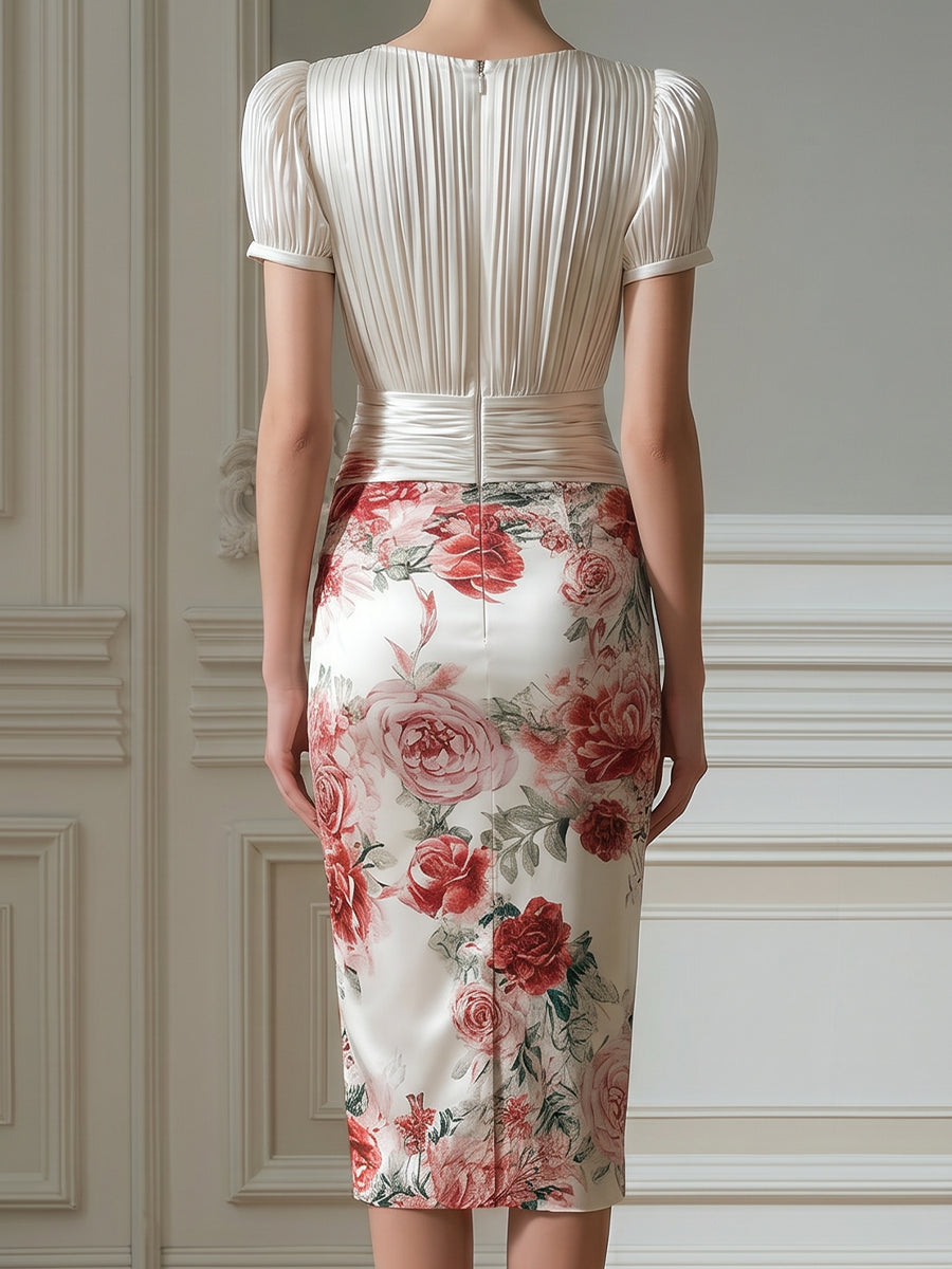 Pleated V-Neck Puff Sleeve Floral Sheath Midi Dress