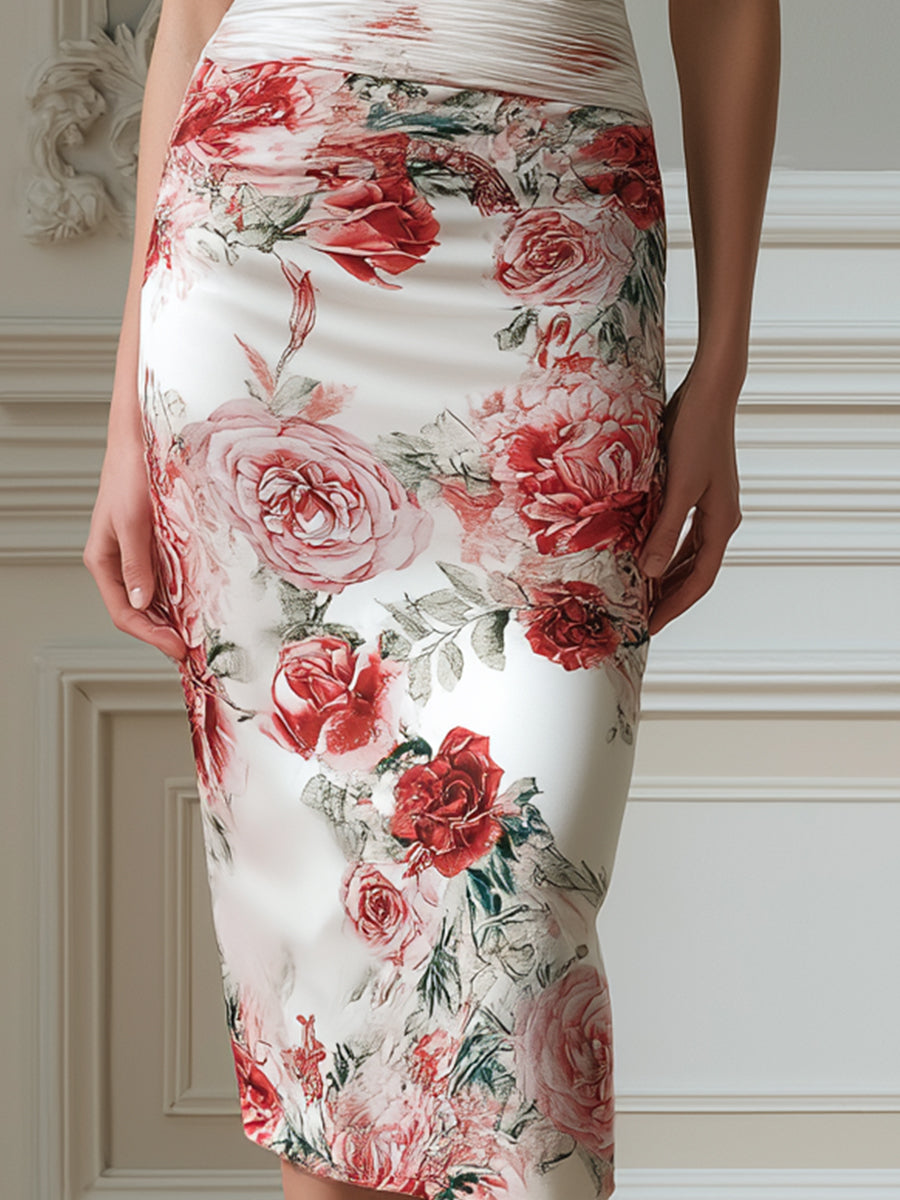 Pleated V-Neck Puff Sleeve Floral Sheath Midi Dress
