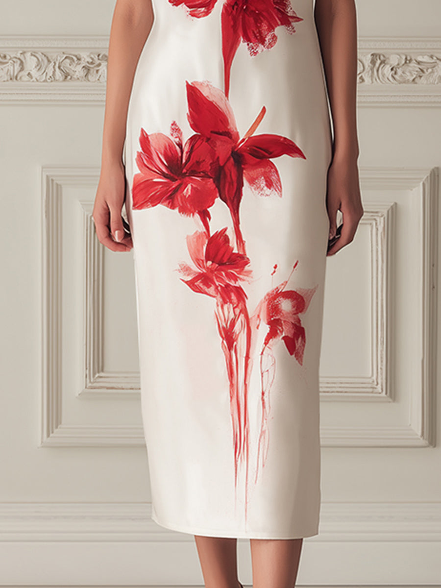 Floral Mock-Neck Satin Column Dress