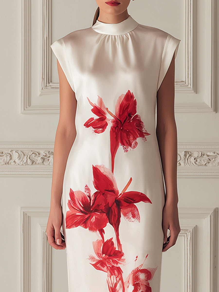 Floral Mock-Neck Satin Column Dress