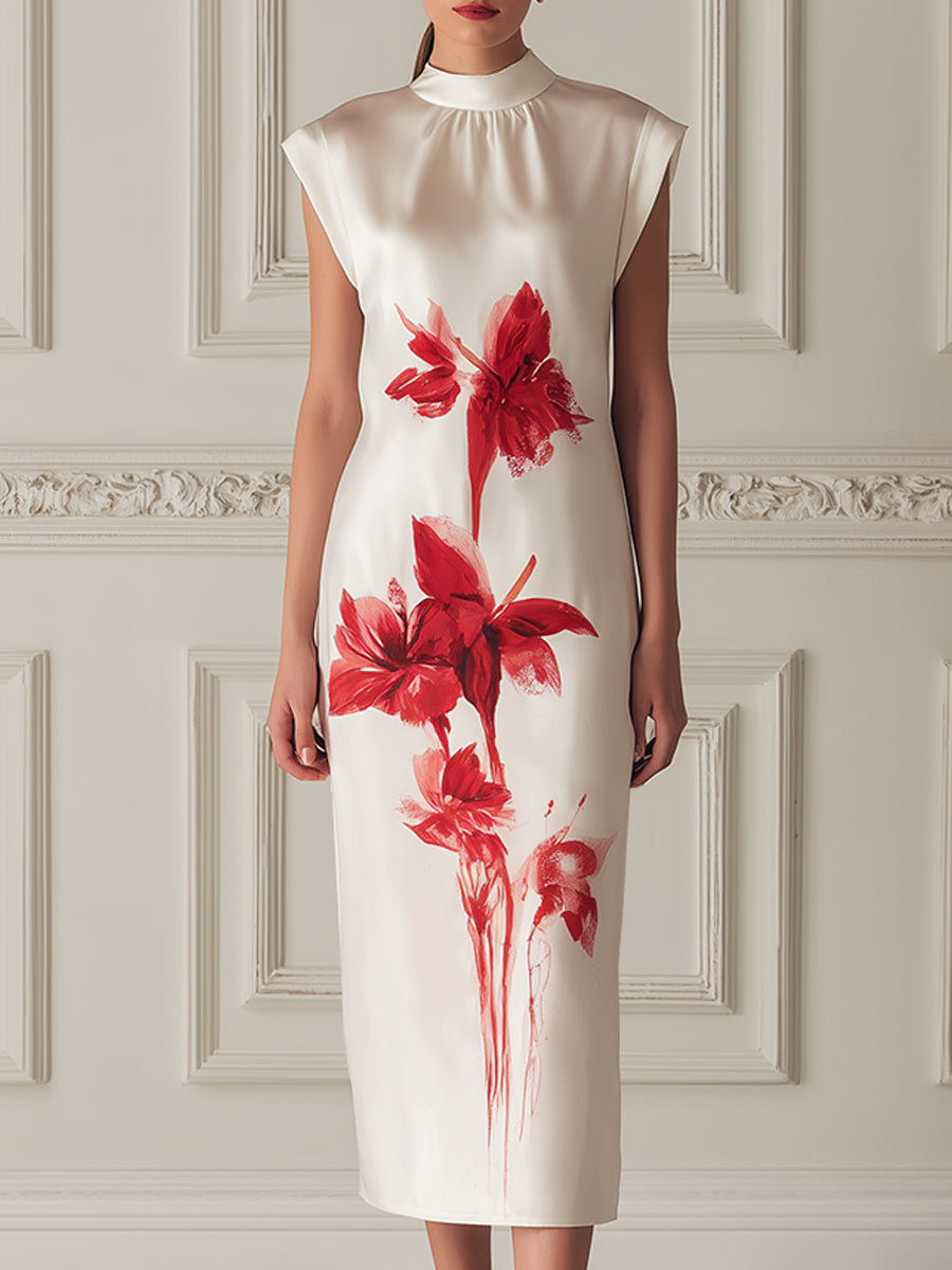 Floral Mock-Neck Satin Column Dress