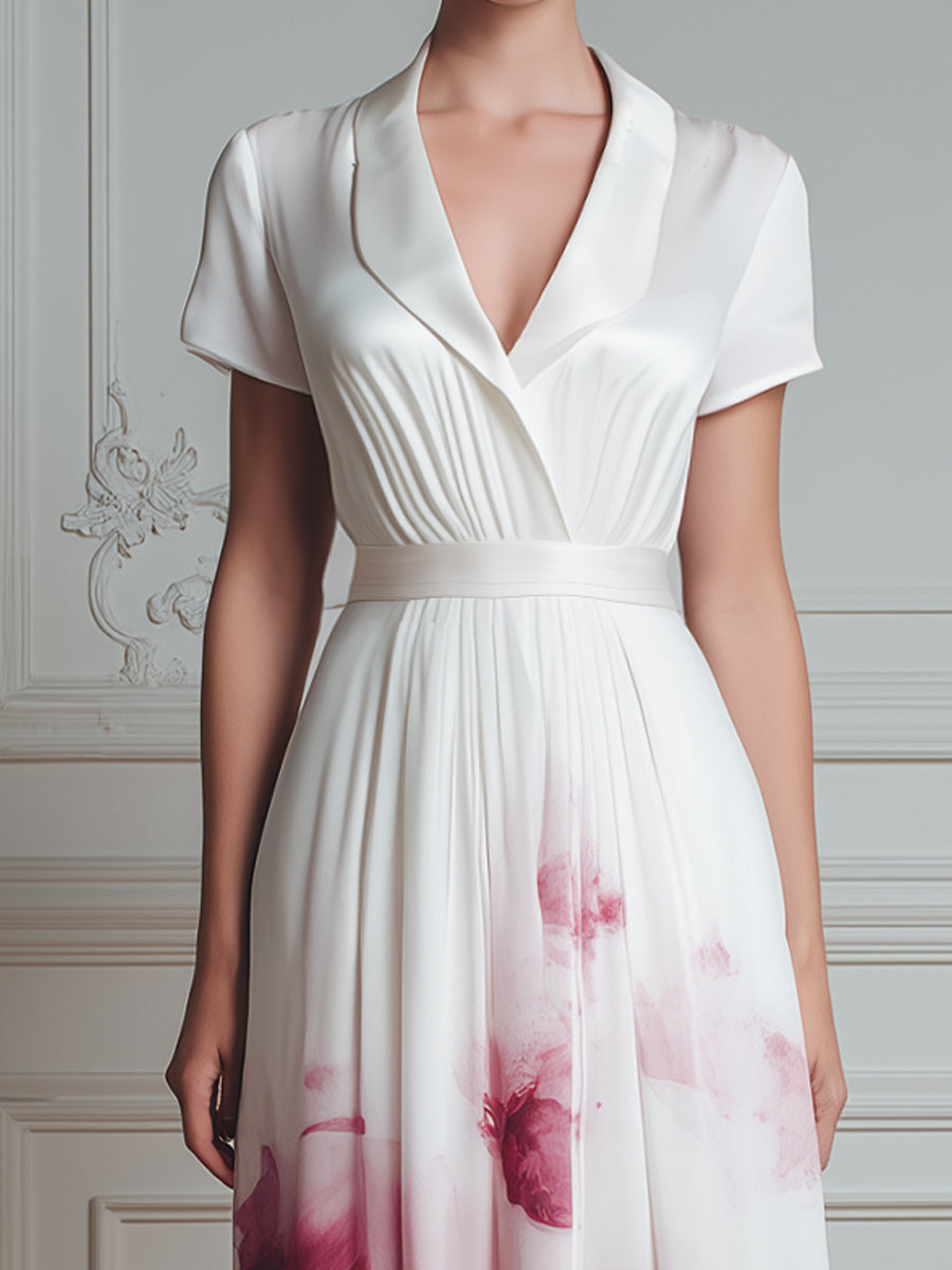 Pleated V-Neck Short Sleeve Floral Midi Dress