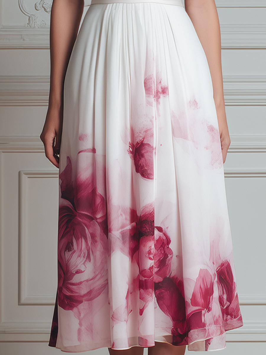 Pleated V-Neck Short Sleeve Floral Midi Dress