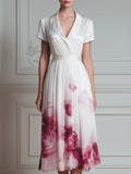 Pleated V-Neck Short Sleeve Floral Midi Dress