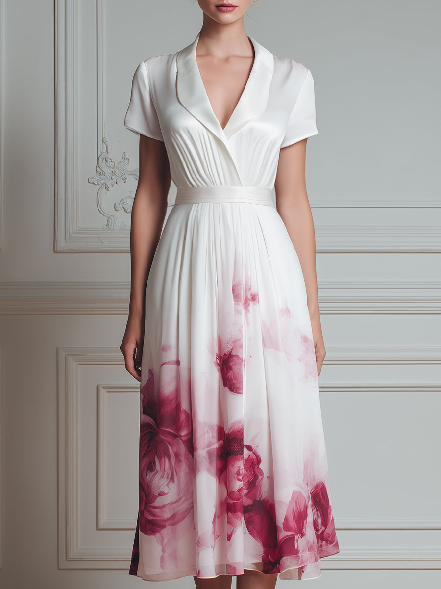 Pleated V-Neck Short Sleeve Floral Midi Dress
