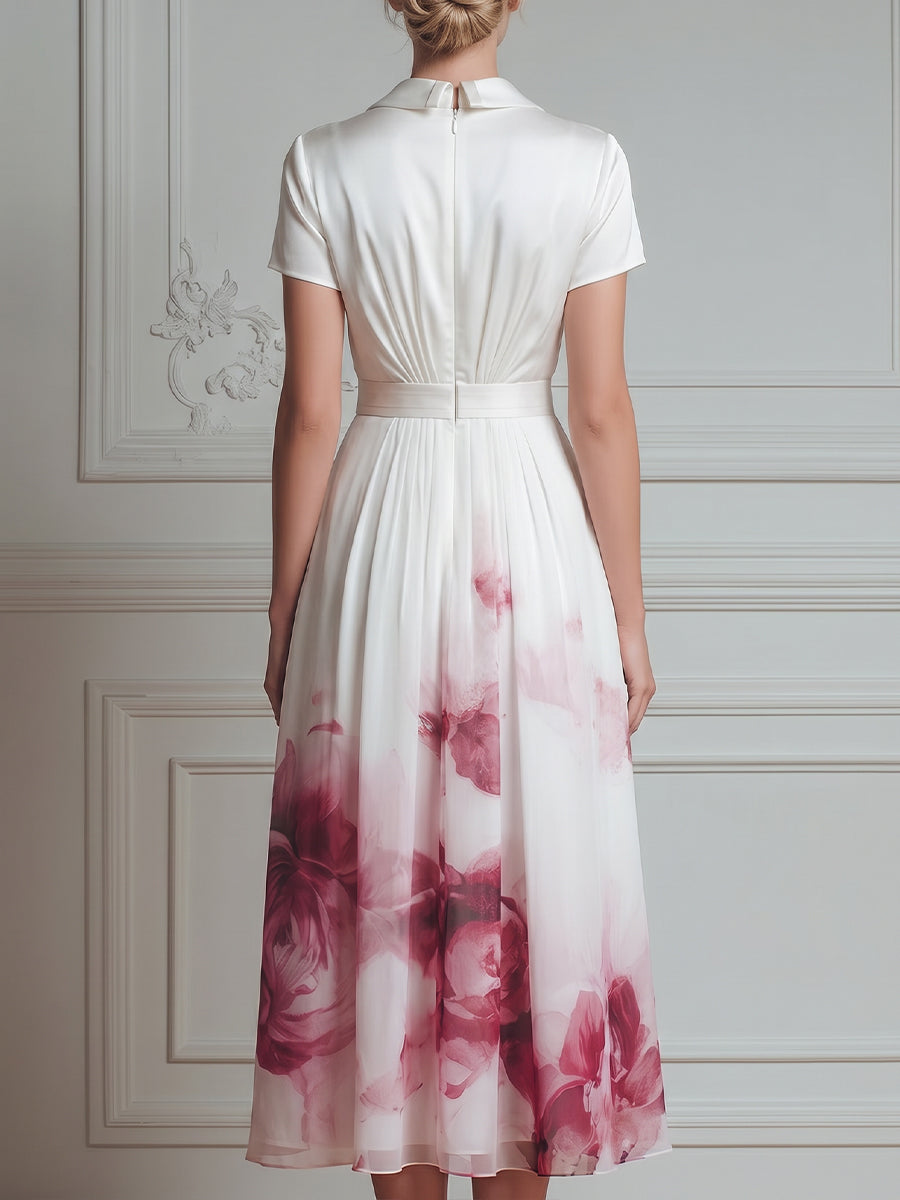 Pleated V-Neck Short Sleeve Floral Midi Dress
