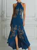 Teal Gold Embroidered Halter Neck Maxi Dress