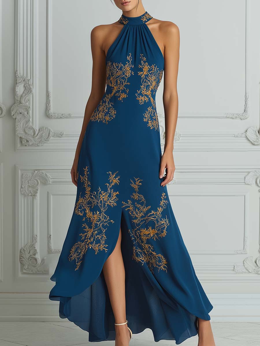 Teal Gold Embroidered Halter Neck Maxi Dress