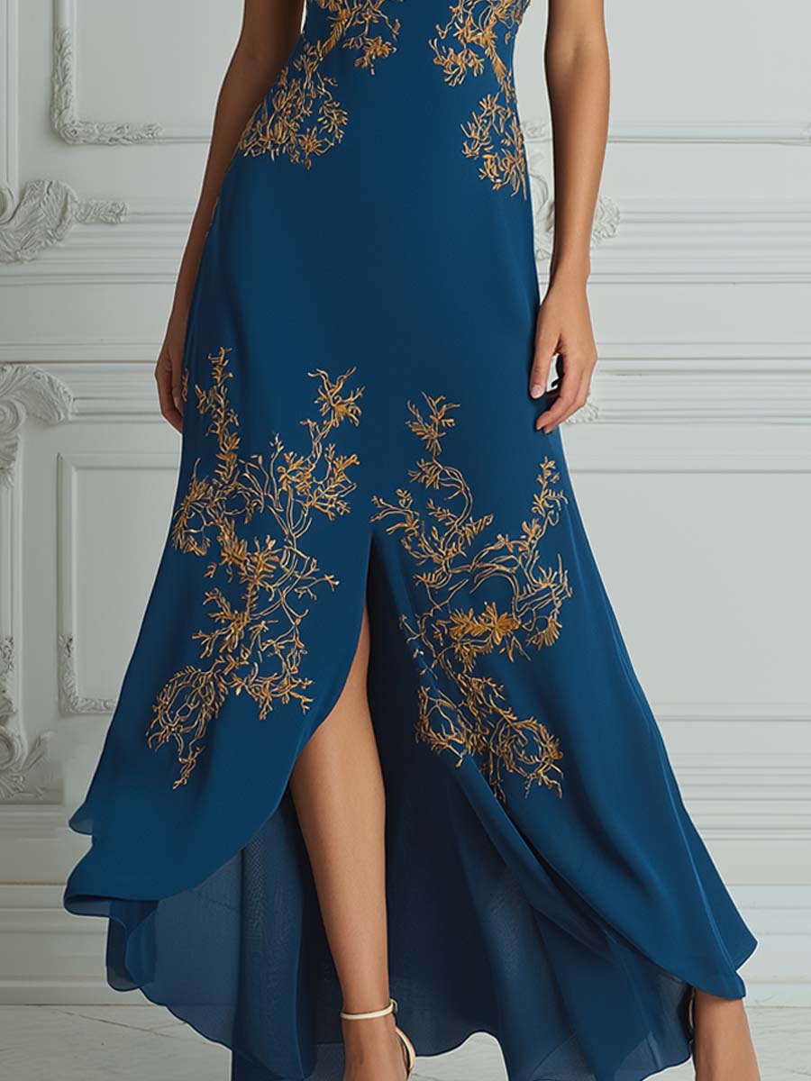 Teal Gold Embroidered Halter Neck Maxi Dress