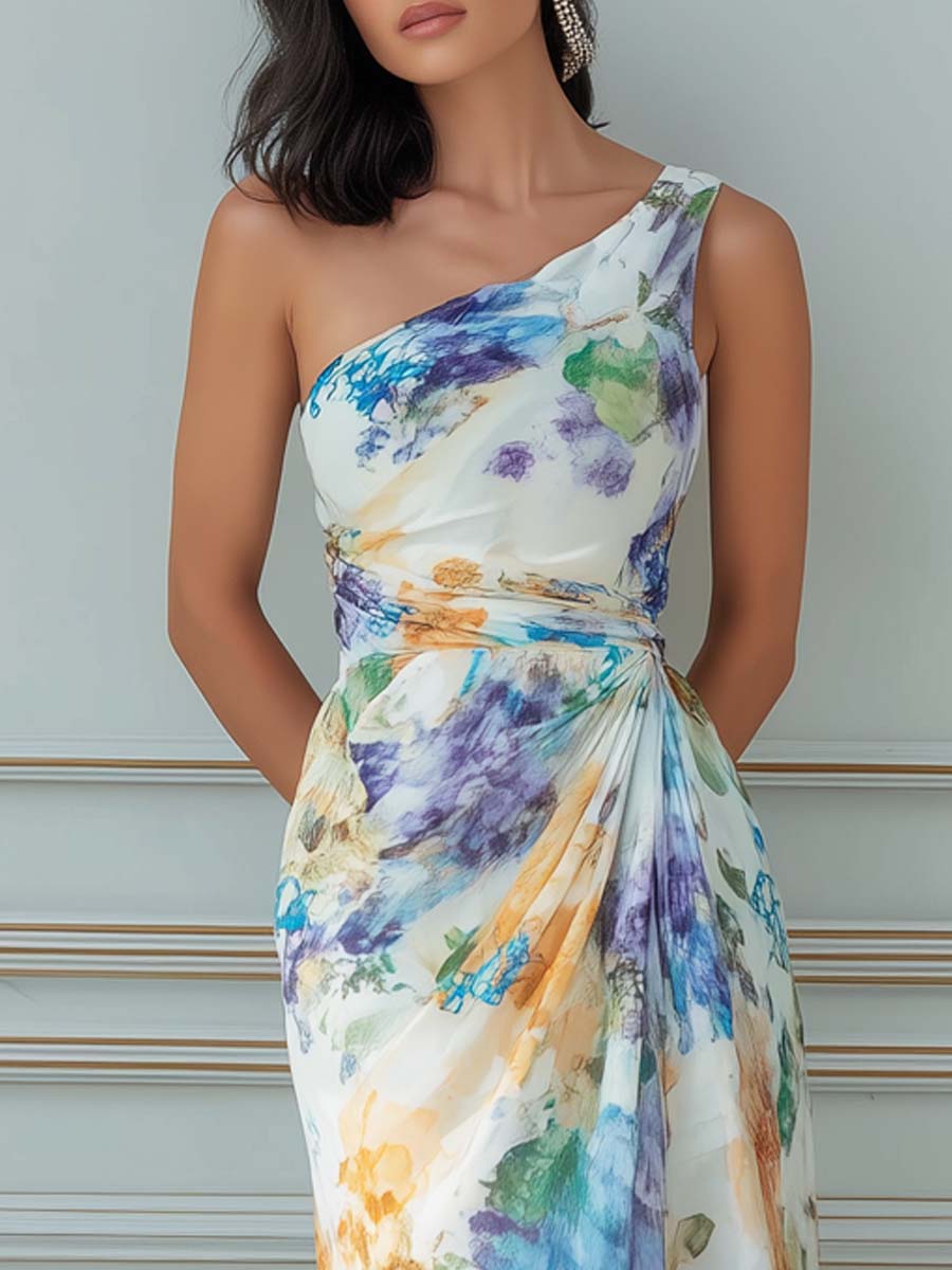 Watercolor Floral One-Shoulder Maxi Dress