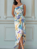 Watercolor Floral One-Shoulder Maxi Dress