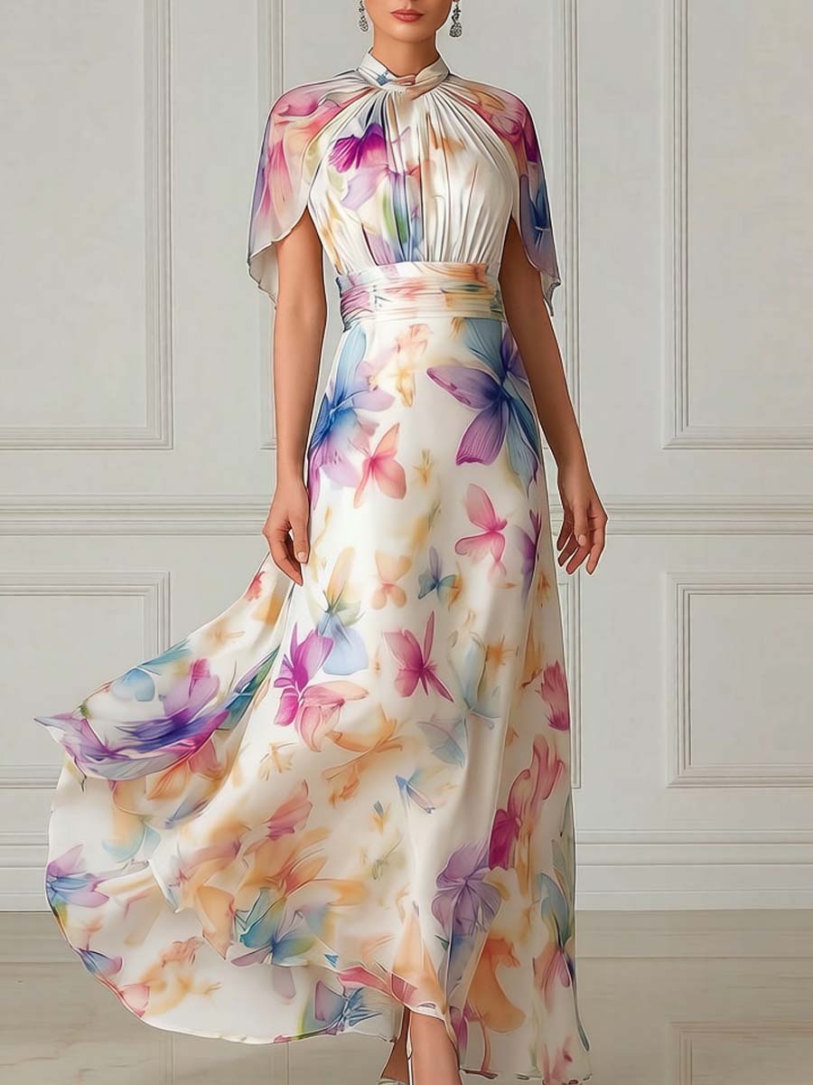 Elegant Watercolor Floral Cape Sleeve Maxi Dress