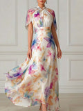 Elegant Watercolor Floral Cape Sleeve Maxi Dress