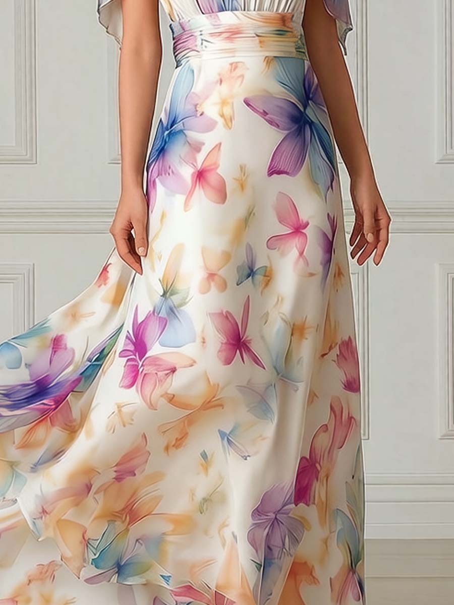 Elegant Watercolor Floral Cape Sleeve Maxi Dress