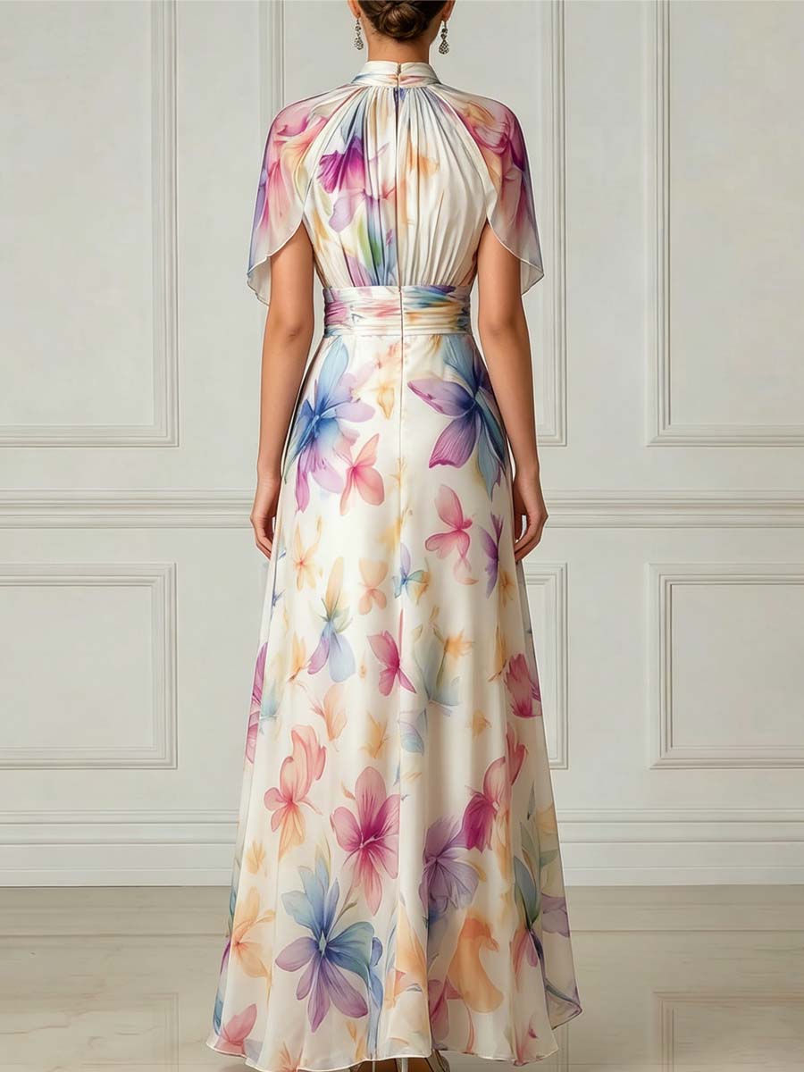 Elegant Watercolor Floral Cape Sleeve Maxi Dress