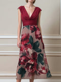 V-Neck Ruched Bodice Floral A-Line Midi Dress