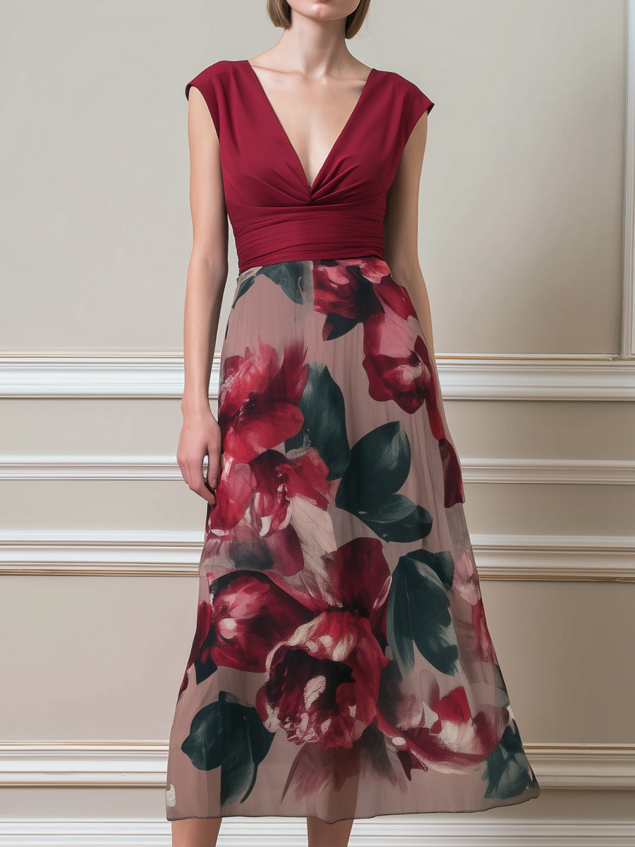 V-Neck Ruched Bodice Floral A-Line Midi Dress