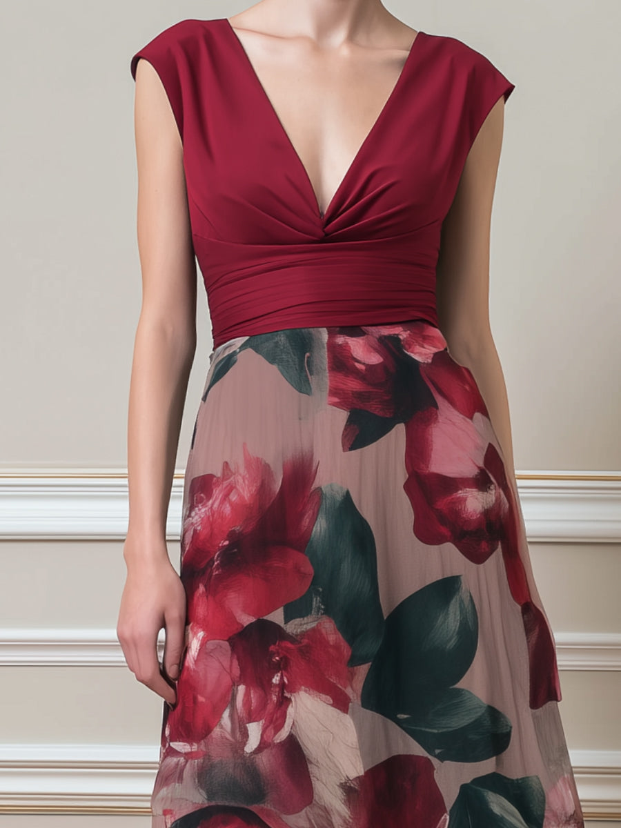 V-Neck Ruched Bodice Floral A-Line Midi Dress