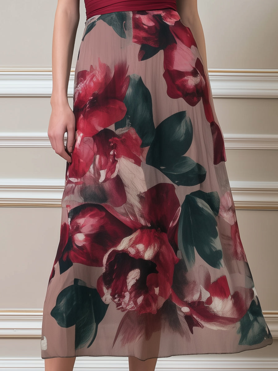 V-Neck Ruched Bodice Floral A-Line Midi Dress