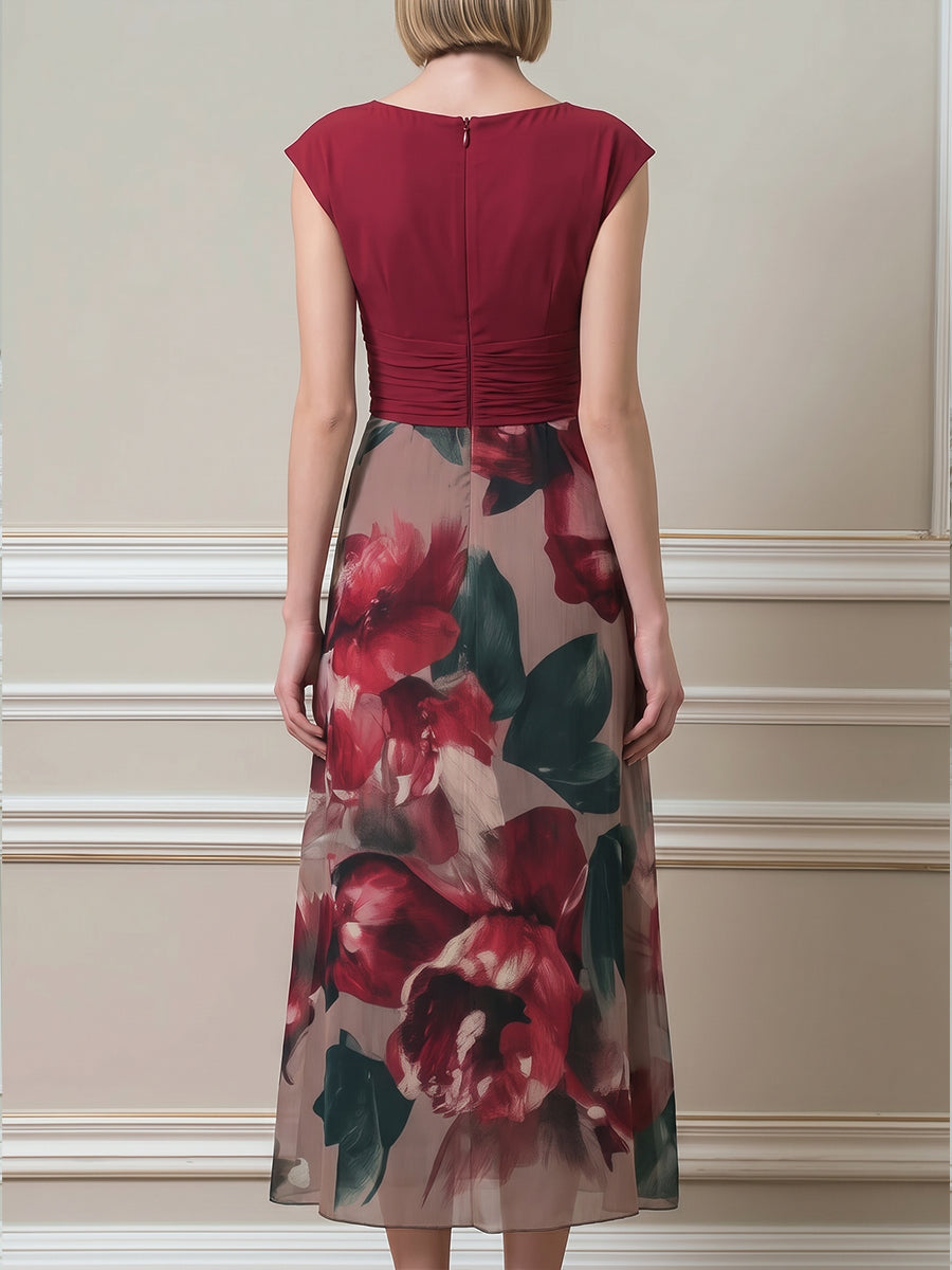 V-Neck Ruched Bodice Floral A-Line Midi Dress