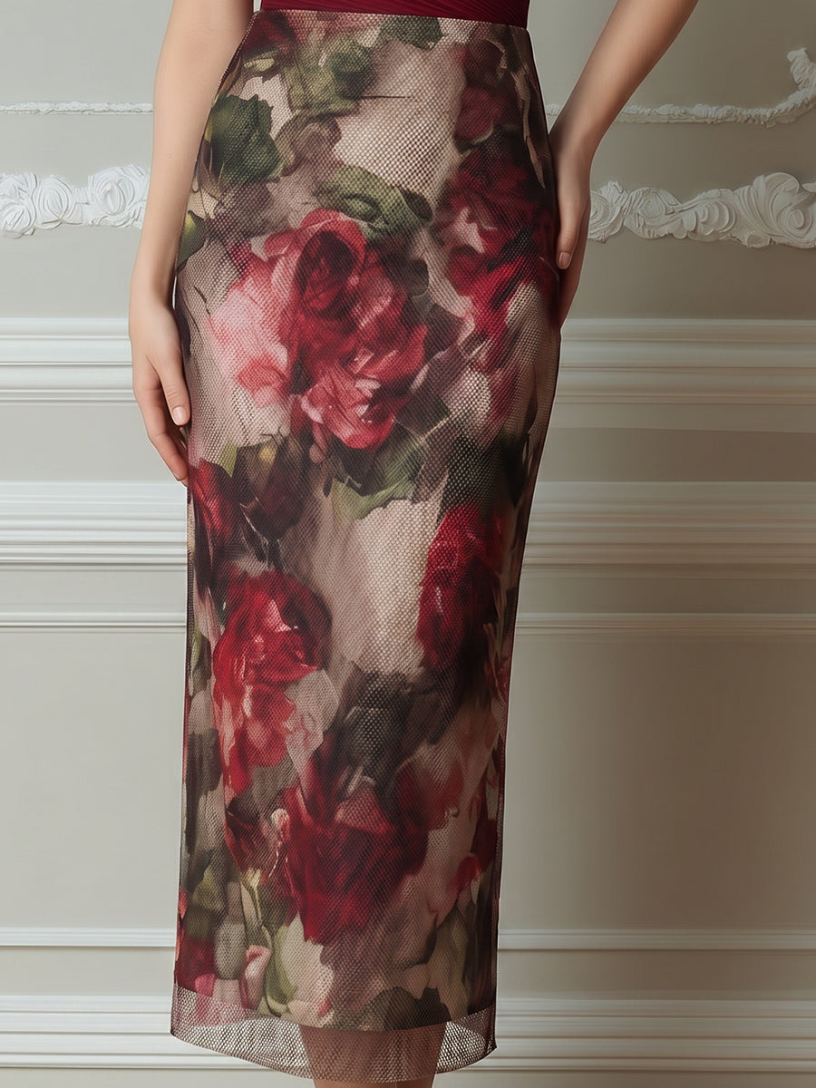 Ruched V-Neck Cap Sleeve Floral Mesh Midi Dress
