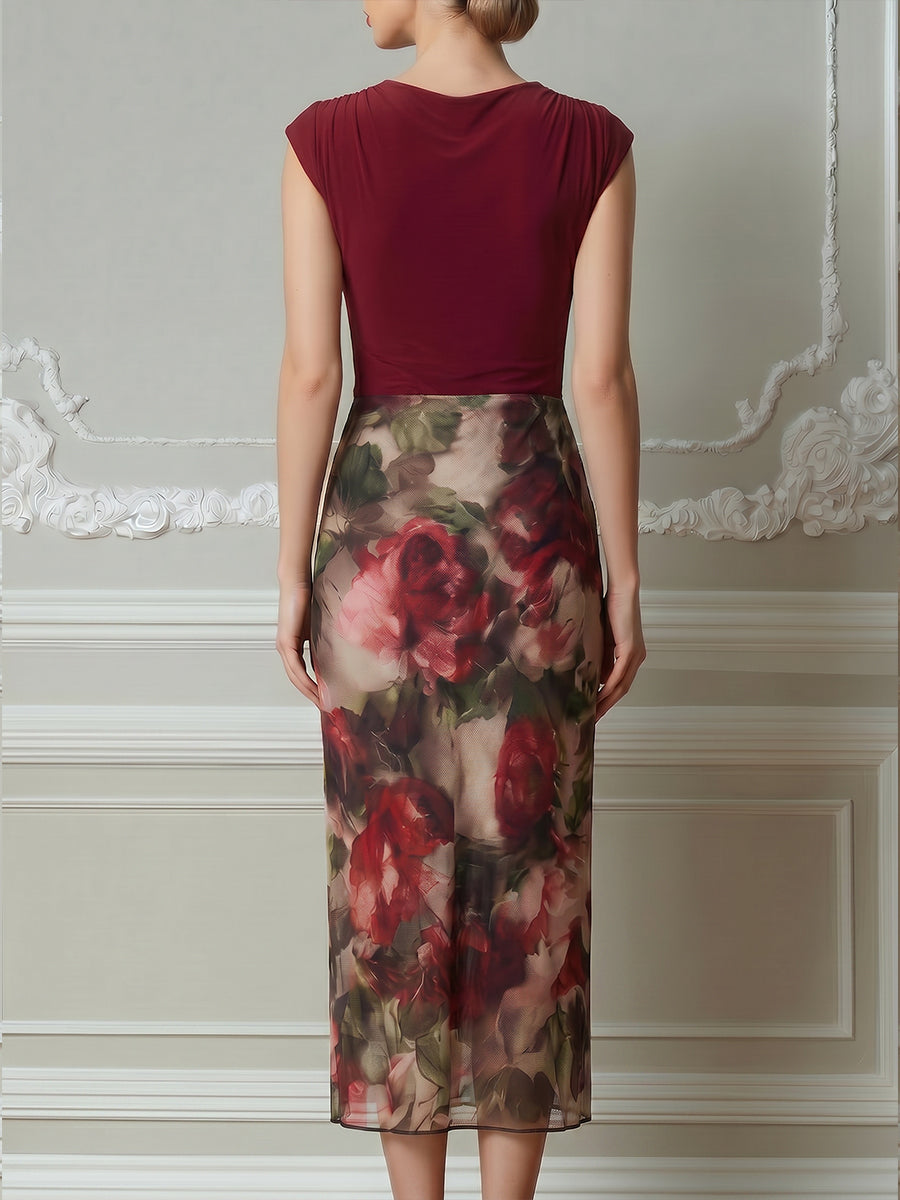 Ruched V-Neck Cap Sleeve Floral Mesh Midi Dress