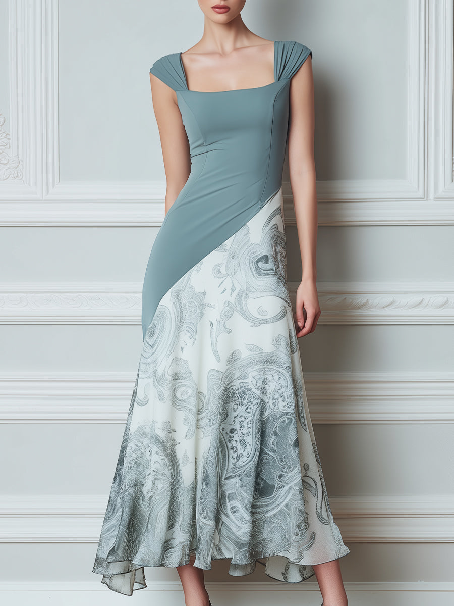 Square Neck Cap Sleeve Contrast Panel Midi Dress