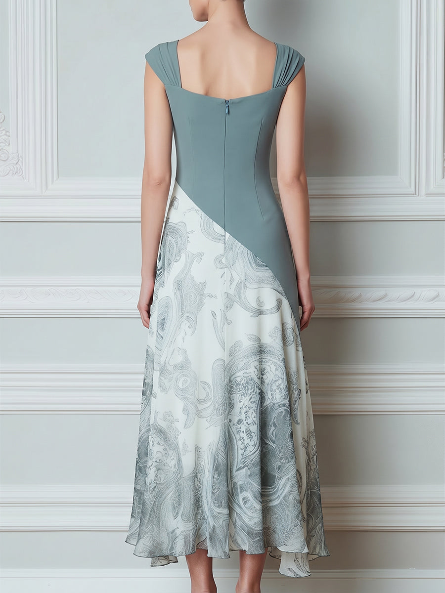 Square Neck Cap Sleeve Contrast Panel Midi Dress