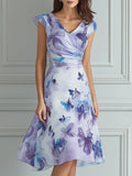 Purple Blue Watercolor Butterfly Print Midi Dress