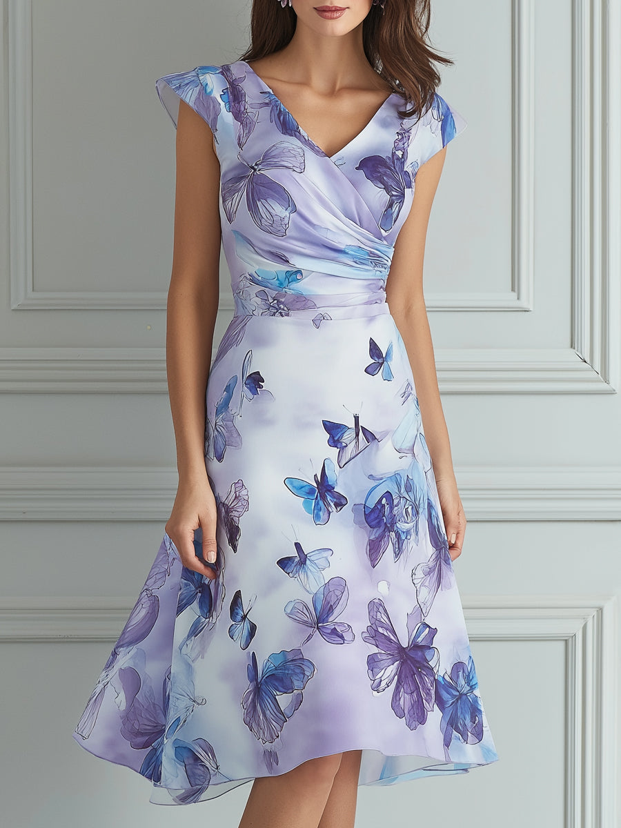 Purple Blue Watercolor Butterfly Print Midi Dress
