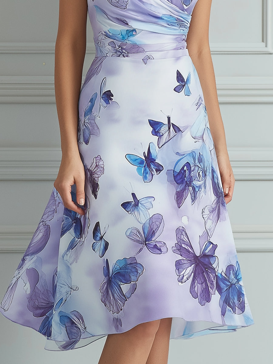 Purple Blue Watercolor Butterfly Print Midi Dress