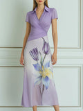 Lavender Collared Wrap Bodice Floral Print Midi Dress
