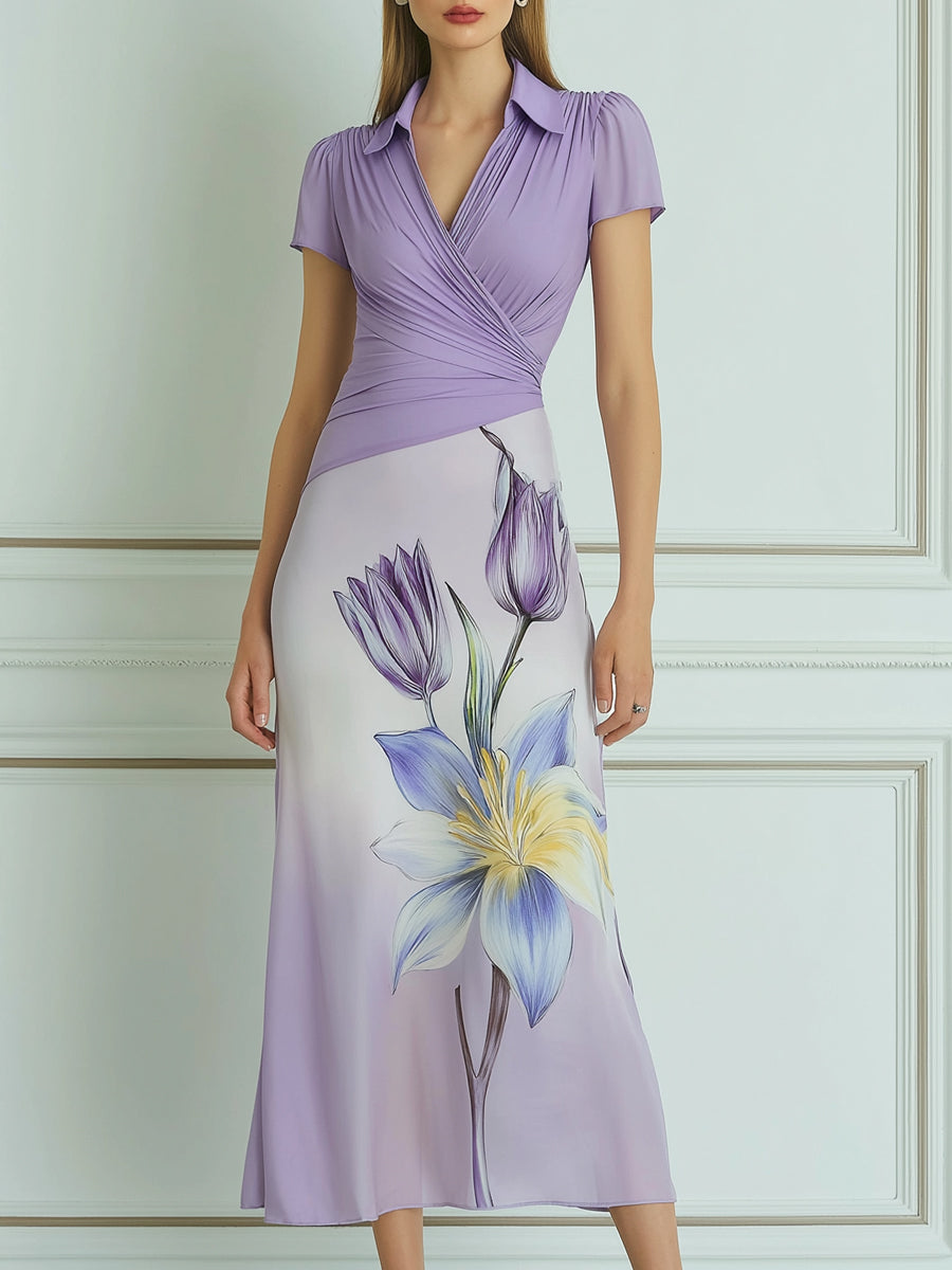 Lavender Collared Wrap Bodice Floral Print Midi Dress