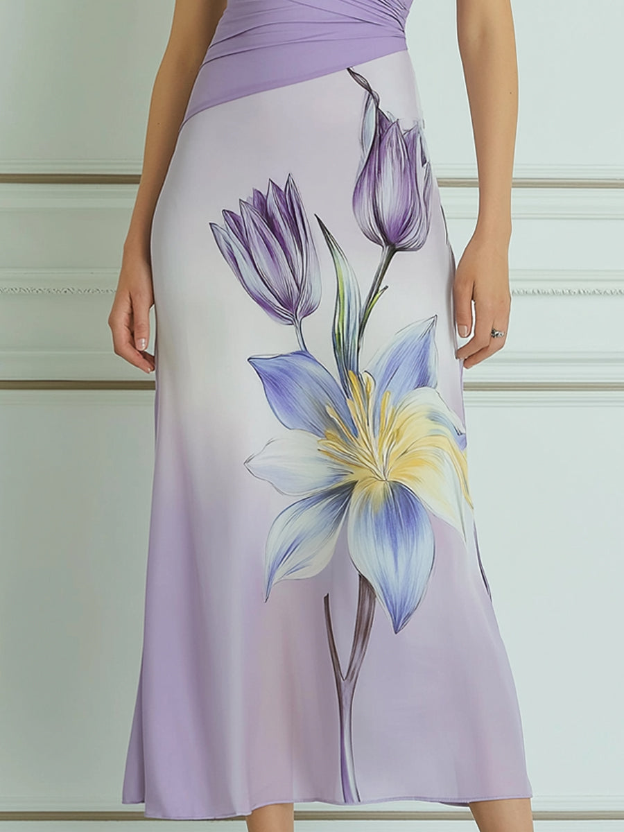 Lavender Collared Wrap Bodice Floral Print Midi Dress