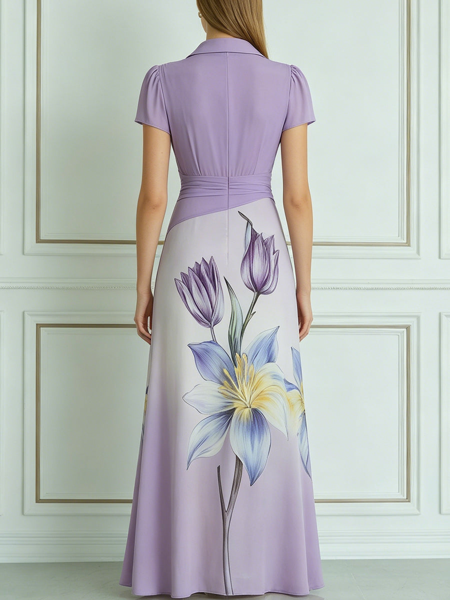 Lavender Collared Wrap Bodice Floral Print Midi Dress