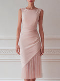 Sleeveless Ruched Waist Asymmetric Pleated Midi Dress