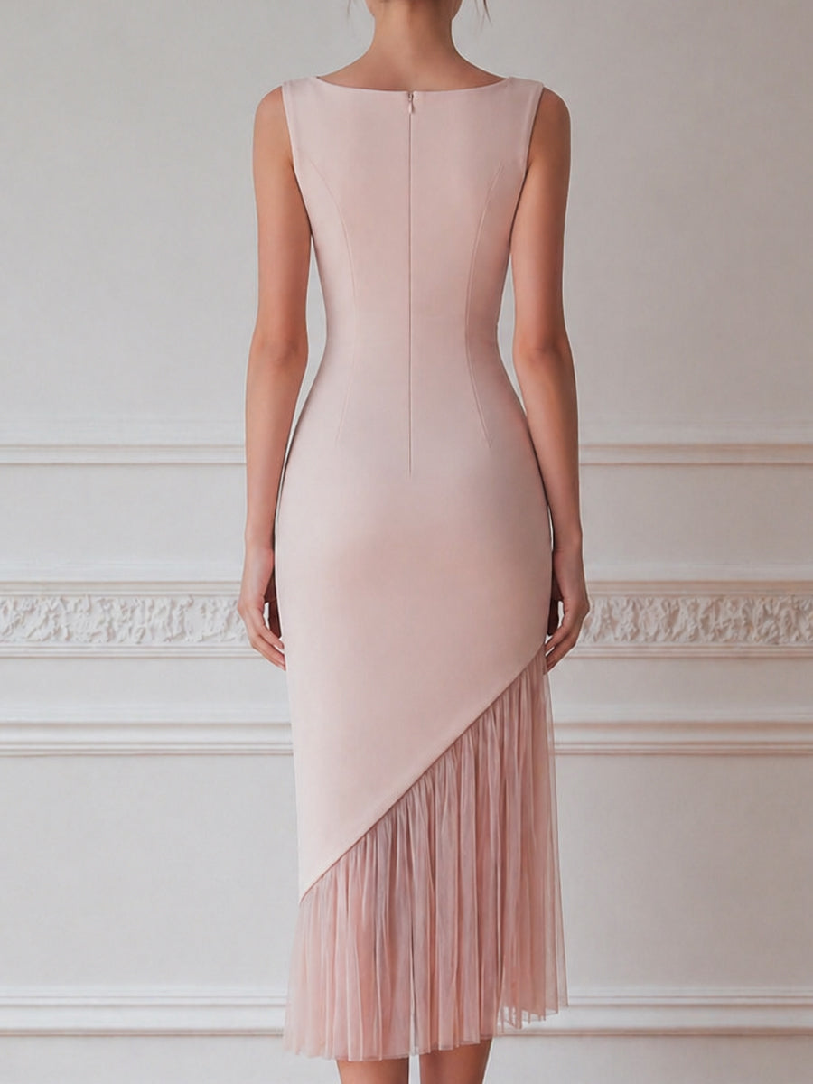 Sleeveless Ruched Waist Asymmetric Pleated Midi Dress