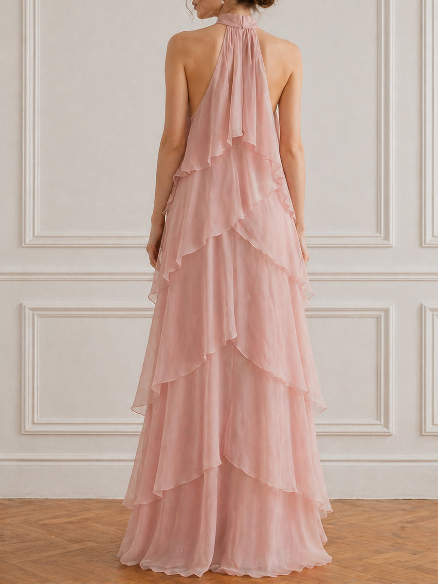 Halter Neck Ruffle Tiered Maxi Dress With Floral Accent