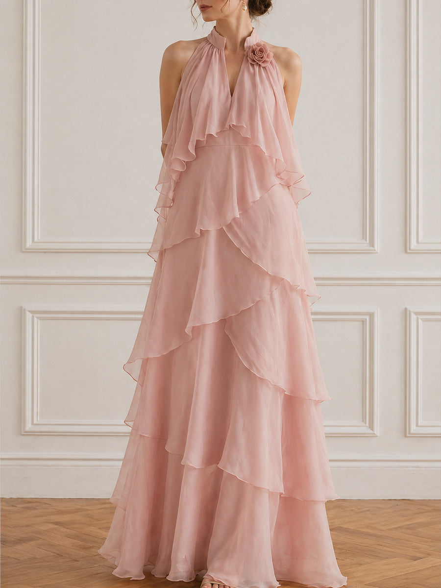Halter Neck Ruffle Tiered Maxi Dress With Floral Accent