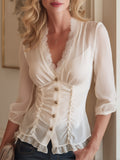 Elegant Lace-Trimmed Pintuck Chiffon Blouse
