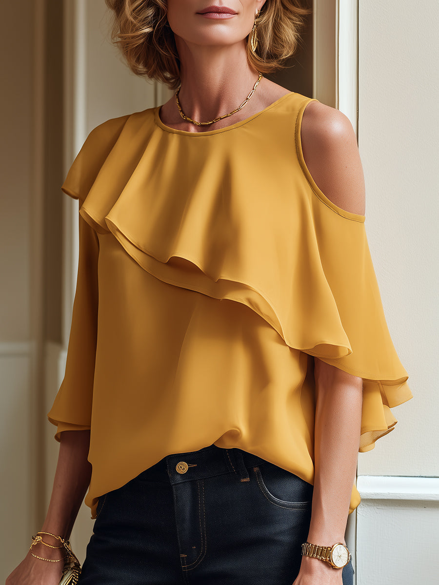 Elegant Shoulder Cutouts Blouse With Ruffle Trim
