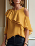 Elegant Shoulder Cutouts Blouse With Ruffle Trim