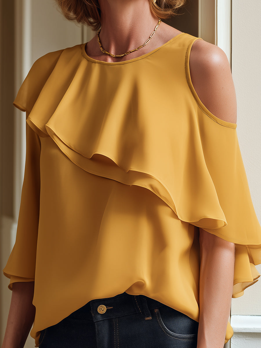 Elegant Shoulder Cutouts Blouse With Ruffle Trim